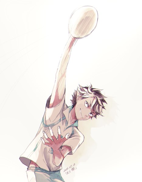 Anime picture 1200x1541 with haikyuu!! production i.g ooikawa tooru o-ishi single tall image short hair simple background brown hair white background brown eyes arm up dated volleyball boy uniform gym uniform ball volleyball ball