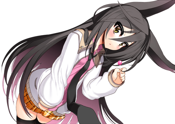 Anime picture 1414x1000 with original necro-san char single looking at viewer blush fringe black hair hair between eyes animal ears yellow eyes pink hair very long hair multicolored hair dutch angle transparent background colored inner hair rendered girl thighhighs