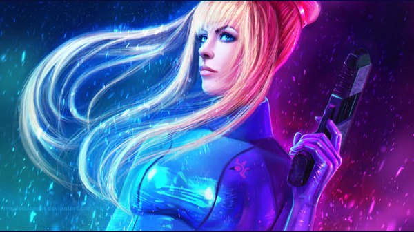 Anime picture 1920x1080 with metroid samus aran magicnaanavi single long hair looking at viewer highres blue eyes blonde hair wide image wind realistic mole girl weapon gun bodysuit pistol zero suit