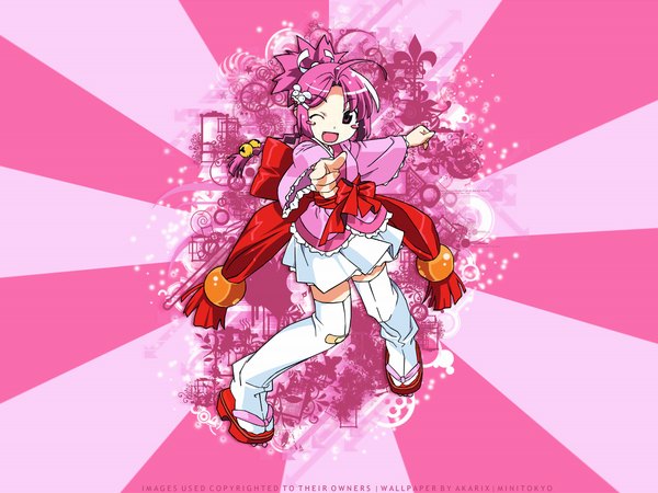 Anime picture 1280x960 with nurse witch komugi-chan tatsunoko nakahara komugi akarix single long hair looking at viewer blush open mouth pink hair full body traditional clothes japanese clothes one eye closed pink eyes wink ;d third-party edit blush stickers girl