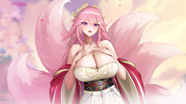 Anime picture 2555x1437 with genshin impact yae miko tsuki no i-min single long hair looking at viewer blush fringe highres breasts open mouth light erotic hair between eyes wide image standing purple eyes signed animal ears pink hair upper body