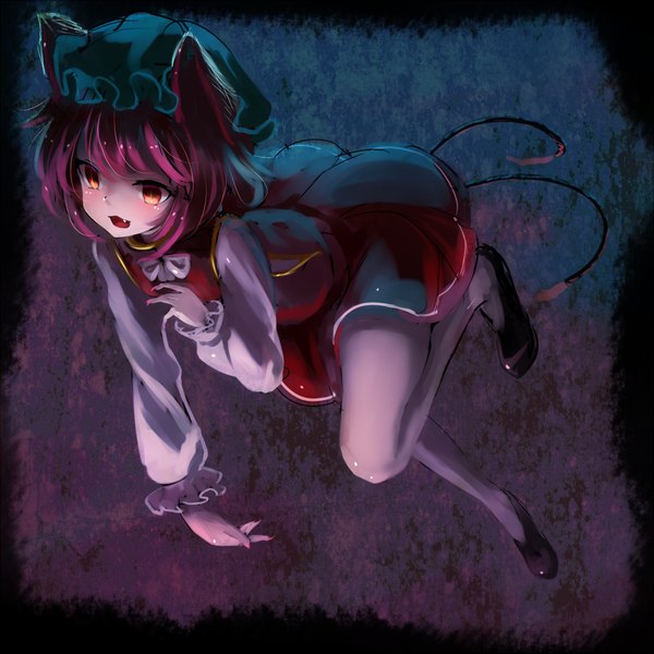 Anime picture 1000x1000 with touhou chen kachayori single blush short hair brown hair brown eyes animal ears looking away tail animal tail fingernails cat ears teeth cat tail fang (fangs) dark background long fingernails jumping