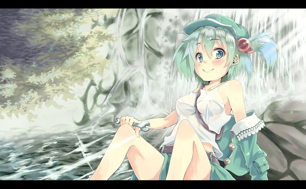 Anime picture 1326x819 with touhou kawashiro nitori nyafu (moai lion) single blush short hair smile wide image sitting green eyes green hair open clothes open jacket letterboxed waterfall girl skirt hair ornament miniskirt shirt