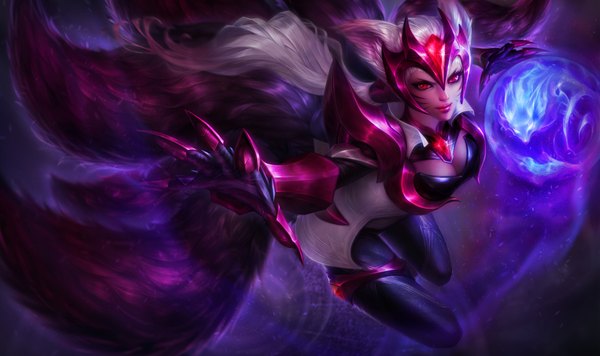 Anime picture 2020x1200 with league of legends ahri (league of legends) michelle hoefener single long hair highres red eyes wide image animal ears silver hair tail from above lips realistic magic fox girl multiple tails girl