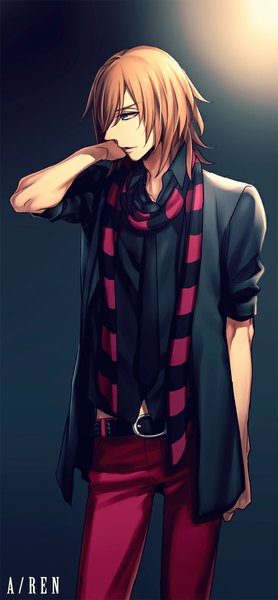 Anime picture 522x1123 with uta no prince-sama a-1 pictures jinguji ren teinpomu single tall image fringe short hair blue eyes blonde hair standing looking away profile alternate costume character names looking down dark background arm behind head striped shirt lift