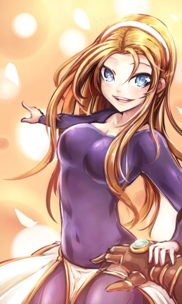 Anime picture 1200x2000 with league of legends lux (league of legends) beanbean1988 single long hair tall image looking at viewer blush open mouth blue eyes blonde hair smile holding hands girl hairband bodysuit