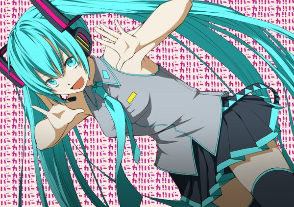 Anime picture 1500x1057 with vocaloid hatsune miku chito04 long hair open mouth simple background twintails aqua eyes aqua hair girl thighhighs skirt miniskirt necktie headphones microphone