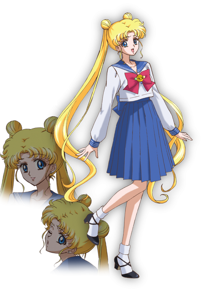 Anime picture 736x1024 with bishoujo senshi sailor moon toei animation tsukino usagi single long hair tall image blue eyes blonde hair standing twintails very long hair pleated skirt one eye closed wink hair bun (hair buns) transparent background face girl skirt uniform