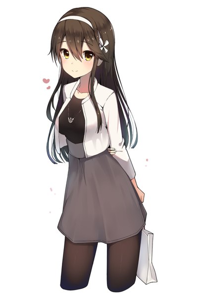 Anime picture 1113x1671 with kantai collection haruna battleship gin00 single long hair tall image looking at viewer blush fringe black hair simple background smile hair between eyes standing white background holding yellow eyes upper body long sleeves alternate costume