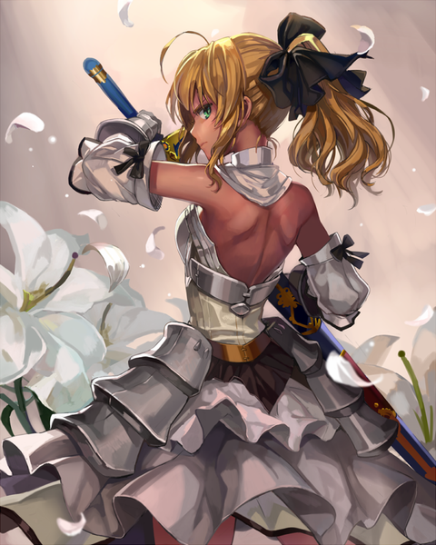 Anime picture 800x1000 with fate (series) fate/unlimited codes type-moon artoria pendragon (all) saber saber lily momoko (momopoco) single long hair tall image blonde hair bare shoulders green eyes ponytail back girl dress flower (flowers) bow weapon