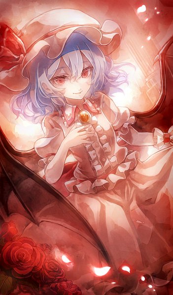 Anime picture 500x854 with touhou remilia scarlet 60mai single tall image fringe short hair open mouth smile red eyes looking away purple hair short sleeves girl flower (flowers) bow petals wings headdress rose (roses)