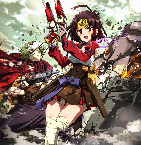 Anime picture 1293x1336 with koutetsujou no kabaneri wit studio mumei (kabaneri) ikoma (kabaneri) nyoronyoro tall image looking at viewer blush fringe short hair breasts open mouth red eyes brown hair standing holding green eyes looking away sky cloud (clouds)