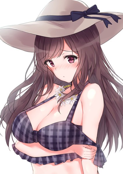 Anime picture 1447x2046 with idolmaster idolmaster shiny colors tsukioka kogane minikon single long hair tall image blush fringe breasts light erotic simple background brown hair white background purple eyes bare shoulders upper body embarrassed looking down breast hold