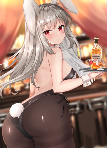 Anime picture 1083x1500 with original katsushika pachi single long hair tall image looking at viewer blush fringe breasts light erotic hair between eyes red eyes large breasts bare shoulders holding animal ears payot silver hair ass indoors