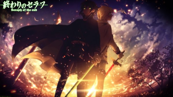 Anime picture 1366x768 with owari no seraph wit studio hyakuya yuuichirou hyakuya mikaela ixaga rezzilawliet fringe short hair black hair blonde hair hair between eyes wide image standing holding green eyes signed payot looking away sky cloud (clouds)