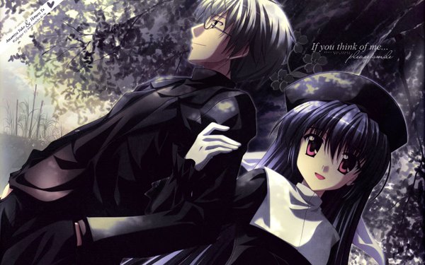 Anime picture 1280x800 with ef ef a fairy tale of the two shaft (studio) amamiya yuuko himura yuu long hair looking at viewer fringe short hair open mouth smile hair between eyes wide image profile pink eyes grey hair inscription hand in pocket dark hair nun