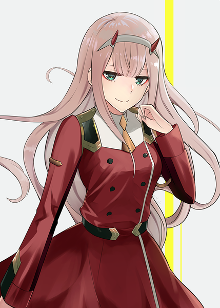 Anime picture 715x1000 with darling in the franxx studio trigger zero two (darling in the franxx) meet (artist) single long hair tall image looking at viewer blush fringe simple background smile standing green eyes pink hair long sleeves horn (horns) grey background military girl
