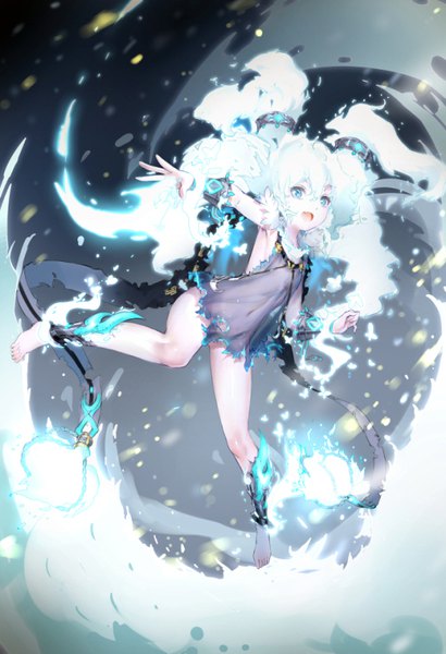 Anime picture 547x800 with original observerz single long hair tall image looking at viewer fringe open mouth blue eyes light erotic hair between eyes white hair barefoot blurry no bra fang (fangs) outstretched arm magic covered navel lolicon
