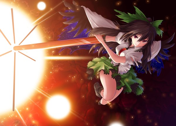 Anime picture 3624x2590 with touhou reiuji utsuho lzh chikado long hair highres black hair red eyes purple eyes absurdres starry sky print arm cannon girl skirt bow weapon hair bow miniskirt wings green skirt