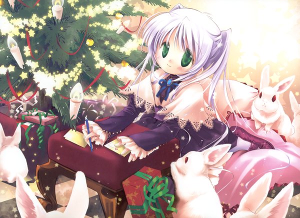Anime picture 3342x2432 with fortune arterial august soft tougi shiro tagme (artist) single long hair looking at viewer blush highres sitting holding green eyes payot absurdres white hair loli sleeves past wrists christmas checkered floor floor