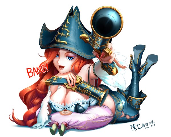 イラスト 1500x1200 と league of legends miss fortune (league of legends) teemo (league of legends) 陳七 ソロ 長髪 カメラ目線 おっぱい 開いた口 青い目 light erotic simple background 笑顔 大きな乳房 白背景 肩出し nail polish lips オレンジ髪 inscription