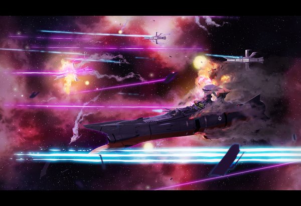 イラスト 1900x1300 と 宇宙戦艦ヤマト 赤毛のUN highres space battle destruction 星 宇宙船 laser