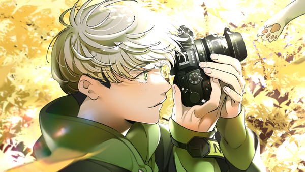 Anime picture 3840x2160 with original sibato5 single highres short hair wide image green eyes looking away absurdres silver hair upper body outdoors profile brand name imitation boy animal cat camera