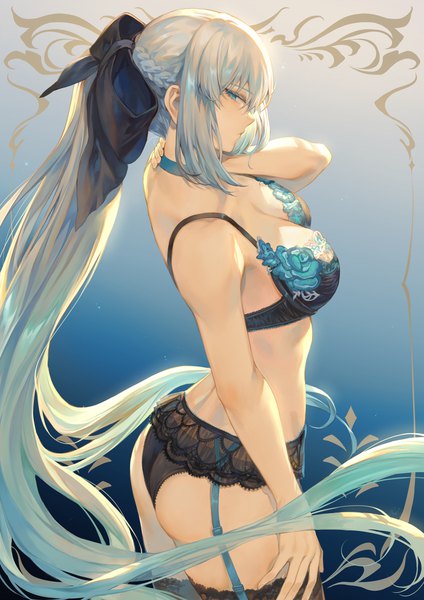 Anime picture 1476x2087 with fate (series) fate/grand order morgan le fay (fate) mashuu (neko no oyashiro) single long hair tall image looking at viewer fringe breasts blue eyes light erotic simple background hair between eyes large breasts standing payot silver hair ass ponytail