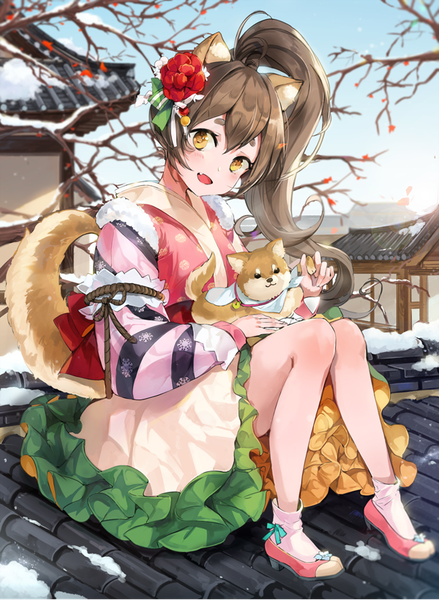 Anime picture 600x820 with original bosack single long hair tall image looking at viewer fringe open mouth hair between eyes brown hair sitting animal ears yellow eyes sky full body outdoors tail traditional clothes head tilt :d