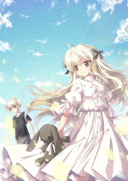 Anime picture 1754x2480 with yosuga no sora kasugano sora kasugano haruka north abyssor long hair tall image blush fringe highres short hair hair between eyes holding signed looking away sky cloud (clouds) ahoge wind grey hair blurry