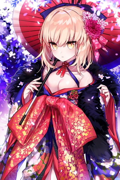 Anime picture 1020x1530 with fate (series) fate/grand order fate/stay night artoria pendragon (all) saber alter kamiowl single tall image fringe short hair breasts light erotic blonde hair hair between eyes yellow eyes traditional clothes japanese clothes off shoulder girl hair ornament