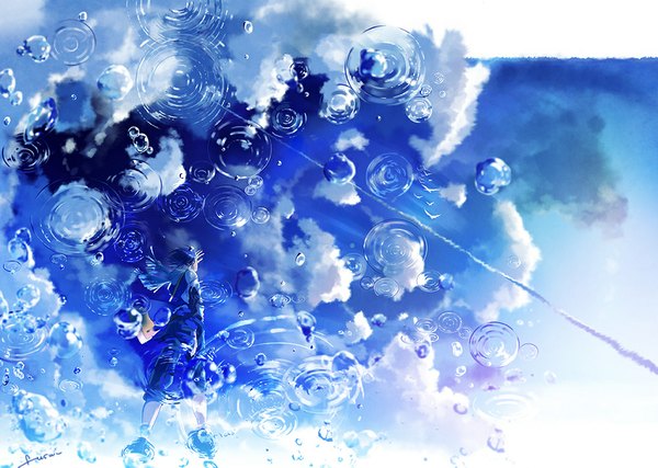 イラスト 1000x713 と オリジナル ふすい ソロ 短い髪 青い髪 空 cloud (clouds) back looking up 男性 動物 襟巻き 鳥 水泡