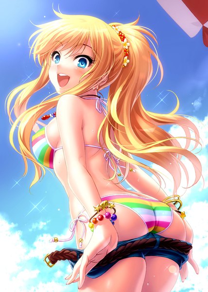Anime picture 1200x1683 with idolmaster idolmaster cinderella girls ootsuki yui zen (kamuro) single long hair tall image looking at viewer breasts open mouth blue eyes light erotic blonde hair payot sky cloud (clouds) ass ponytail looking back teeth