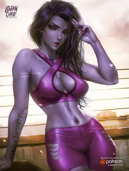 Anime picture 1500x1985 with overwatch blizzard entertainment widowmaker (overwatch) logan cure single long hair tall image looking at viewer breasts light erotic black hair large breasts standing bare shoulders brown eyes signed sky cloud (clouds) outdoors nail polish