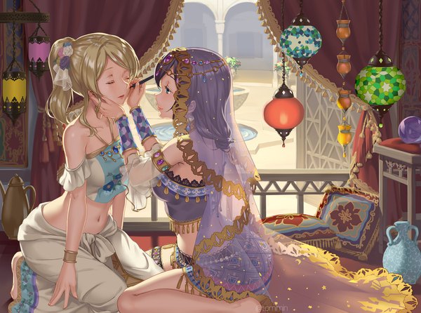 Anime picture 1500x1116 with love live! school idol project sunrise (studio) love live! toujou nozomi ayase eli tomiwo long hair blush fringe blue eyes blonde hair sitting multiple girls signed purple hair full body ponytail eyes closed traditional clothes parted lips