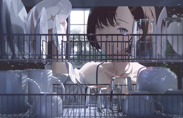 Anime picture 1545x1000 with original fajyobore single fringe short hair brown hair holding looking away upper body indoors off shoulder grey eyes girl window glass plate