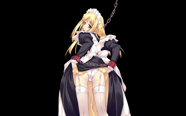 Anime picture 1920x1200 with original murakami suigun long hair blush highres light erotic black hair simple background blonde hair red eyes wide image looking back from behind maid black background skirt lift bondage girl thighhighs underwear
