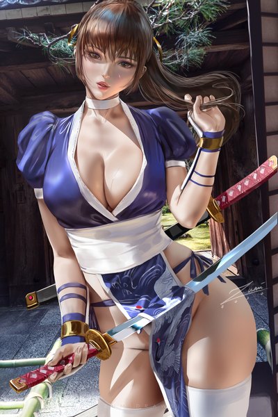 Anime picture 2339x3508 with dead or alive dead or alive 5 kasumi (doa) zumi (zumidraws) single long hair tall image looking at viewer blush fringe highres breasts light erotic hair between eyes brown hair large breasts standing holding brown eyes signed