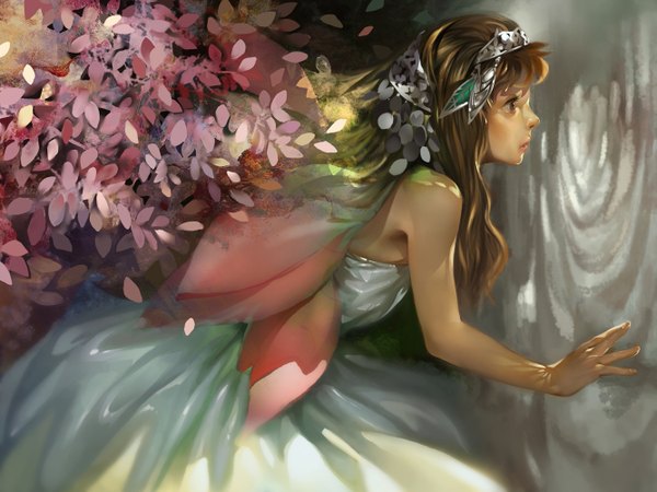 Anime picture 1333x1000 with original k-bose single long hair bare shoulders brown eyes profile lips girl dress flower (flowers) petals