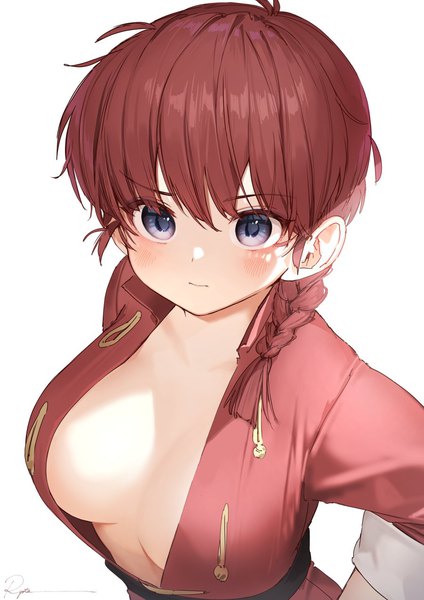 Anime picture 900x1273 with ranma 1/2 saotome ranma saotome ranma (girl) ryota (ry o ta) single long hair tall image looking at viewer fringe breasts blue eyes light erotic simple background hair between eyes large breasts white background signed upper body red hair braid (braids)
