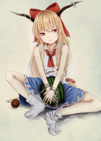 Anime picture 1000x1390 with touhou ibuki suika qunqing single long hair tall image fringe simple background blonde hair red eyes sitting looking away full body horn (horns) light smile grey background shadow short sleeves hug crossed arms