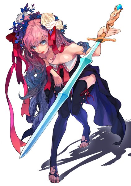 Anime picture 1000x1415 with sword girls blue moon becky flina sereneandsilent single long hair tall image blue eyes simple background white background bare shoulders pink hair multicolored hair barefoot hair flower shadow lipstick girl dress hair ornament flower (flowers)