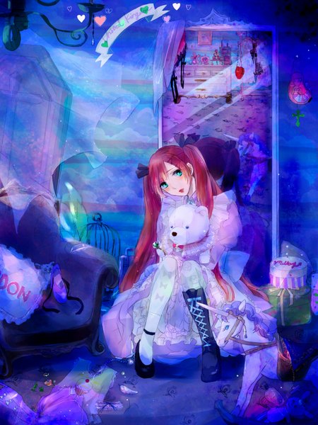 Anime picture 1224x1632 with axis powers hetalia studio deen united kingdom (hetalia) long hair tall image looking at viewer blush blue eyes sitting twintails red hair lips reflection detailed dress socks boots white dress thigh boots white socks