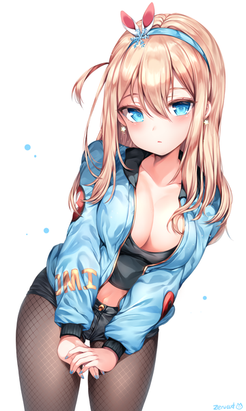 Anime picture 1800x3000 with girls frontline suomi kp31 (girls frontline) zerocat single long hair tall image looking at viewer blush fringe highres breasts blue eyes light erotic simple background blonde hair hair between eyes large breasts standing white background payot