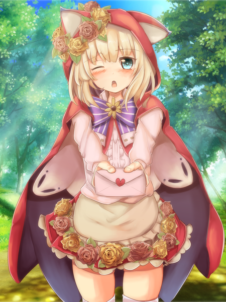 Anime-Bild 1800x2400 mit little red riding hood little red riding hood (character) uta miku single tall image looking at viewer blush fringe highres short hair open mouth blue eyes blonde hair holding animal ears one eye closed zettai ryouiki outstretched hand girl thighhighs