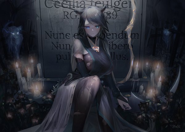 Anime picture 4051x2894 with original me/r single long hair looking at viewer fringe highres breasts blue eyes light erotic black hair large breasts sitting signed animal ears absurdres outdoors aqua eyes night mole
