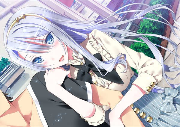 Anime picture 1024x725 with friends (game) long hair blush open mouth blue eyes game cg silver hair girl hairband