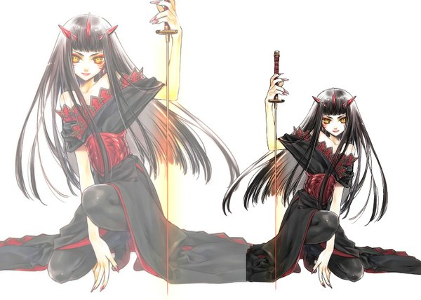 Anime picture 1400x1000 with original ashi (system seraphita) single long hair looking at viewer black hair bare shoulders yellow eyes nail polish horn (horns) kneeling squat zoom layer face paint girl dress weapon pantyhose sword belt