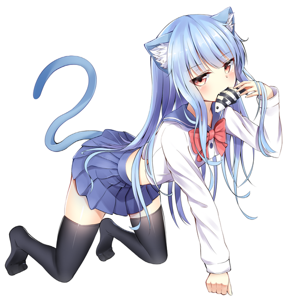 Anime picture 900x940 with original superpig (wlstjqdla) single long hair tall image looking at viewer blush fringe simple background red eyes white background holding animal ears blue hair full body tail blunt bangs animal tail cat ears cat girl