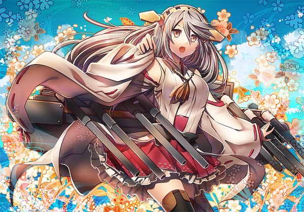 Anime picture 1000x700 with kantai collection haruna battleship suou sakura single long hair looking at viewer open mouth hair between eyes brown eyes traditional clothes grey hair wide sleeves girl thighhighs flower (flowers) weapon hairband gun